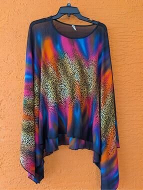Sheer Leopard Rainbow Print Top Boho Festival Blouse Flowy Batwing